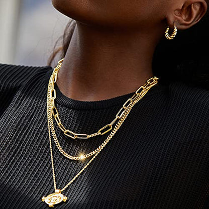 FRUMOS Dainty Layered Choker Necklace 18k gold Plated Y Pendant Commemorative coin Necklace Multilayer Bar Disc Necklace Adjustable Layering Choker Necklaces fashion jewelry for Women Girls - color: Paper clip necklace