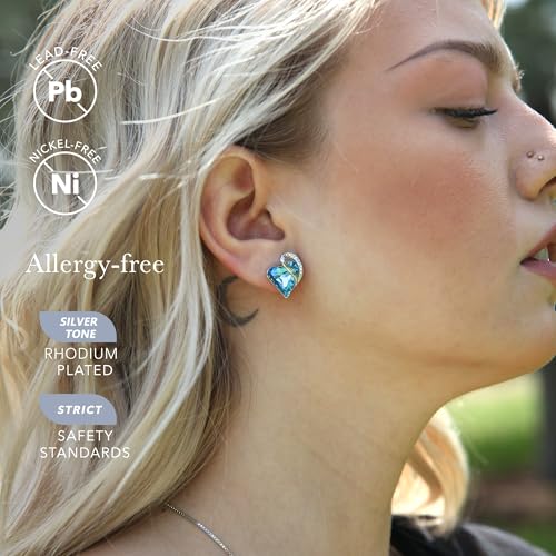 Infinity Love Heart Stud Earrings for Women, Birthstone and Healing Stone, Gifts for Mom, Wife, and Her, Silver Plated - color: 12-December-Turquoise Aquamarine Blue