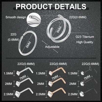 22G 18Pcs G23 Titanium Nose Rings Hoops for Sensitive Skin Double Nose Rings L Shaped Nose Studs Hypoallergenic Nose Piercings Jewelry - color: Silver+Rose gold+Black