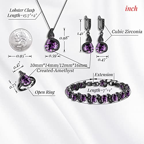 GZWHD Jewelry Set for Women Water Drop Cubic Zirconia Artificial Crystal Earrings Pendant Necklace Open Ring Tennis Bracelet Wedding Anniversary Birthday Engagement Gift for Bridesmaid Wife Girlfriend Friend - color: Black Gun-Purple