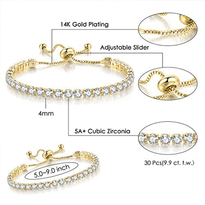 2 Pcs Tennis Bracelets for Women 14K Gold Plated AAA+ Cubic Zirconia CZ Diamond Classic Adjustable Slider Bracelet Fashion Jewelry Wedding Gift Size 6.5-7.5 Inch - color: Gold, size: 6.5 Inches