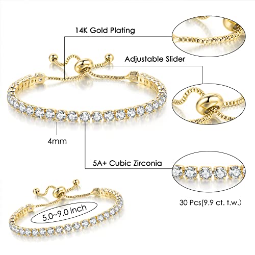2 Pcs Tennis Bracelets for Women 14K Gold Plated AAA+ Cubic Zirconia CZ Diamond Classic Adjustable Slider Bracelet Fashion Jewelry Wedding Gift Size 6.5-7.5 Inch - color: Gold, size: 7.5 Inches