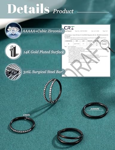 Dochais 4PCS 18G Nose Rings Hoops, Surgical Steel Earrings Tragus Septum Piercing CZ Clicker Ring, Hinged Segment Conch Lip Cartilage Double Hoops 8mm 10mm for Women Men - color: Black, size: 18G(1.0mm),10mm