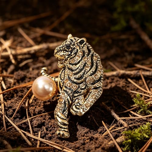 Luxury Crystal Tiger Brooch Pins for Women Men Vintage Gold-Tone Climbing Black Spots Leopard Brooch Fashion Panther Cougar Pin Suit Jackets Coat Animal Jewelry Gift - style: Gold Pearl