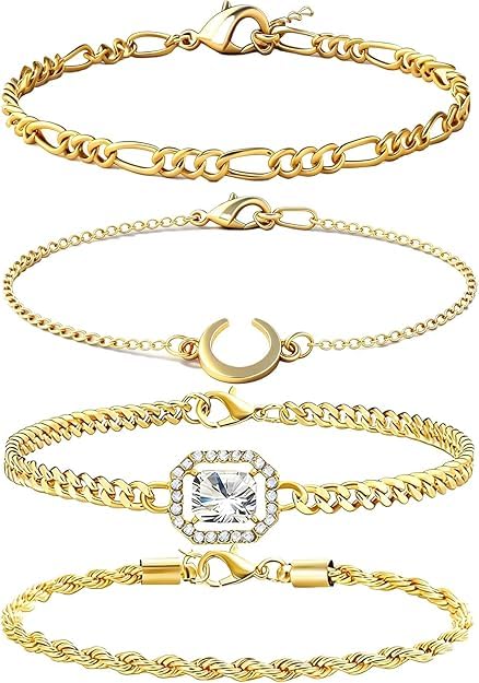 Alegend 14K Gold Plated Stackable Multilayer Bracelets + Titanium Steel(Not Rust, Resist Corruption, Easily Clean) 18K Gold Plated Single Bracelets - color: 14K Gold Plated Four-Layered