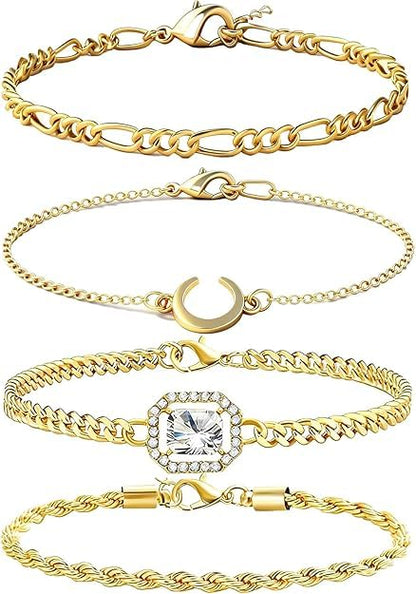 Alegend 14K Gold Plated Stackable Multilayer Bracelets + Titanium Steel(Not Rust, Resist Corruption, Easily Clean) 18K Gold Plated Single Bracelets - color: 14K Gold Plated Four-Layered