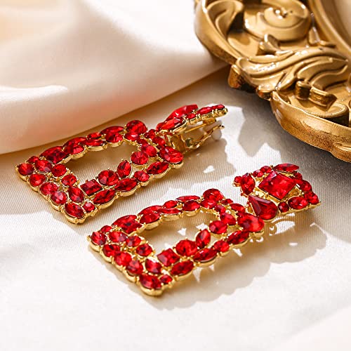 Flyonce Rectangle Clip-on Drop Earrings for Women, Sparkly Rhinestone Crystal Geometric Statement Non Pierced Earring Wedding Prom Party Jewelry for Brides Bridesmaid - color: Red