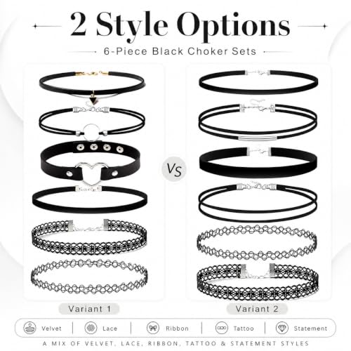 6 Piece Black Choker Necklaces for Women, Gothic Velvet Lace Tattoo Set