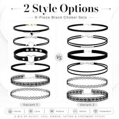 6 Piece Black Choker Necklaces for Women, Gothic Velvet Lace Tattoo Set