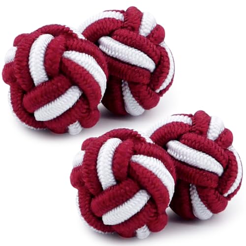 HONEY BEAR Round Silk Knot Elastic Fabric Cufflinks for Men Women 1 Pair | Wedding Business, Tarnish-Resistant, for Groomsmen, Father, Husband, Wife, Anniversary, and Formal Events - style: Dark Red with White