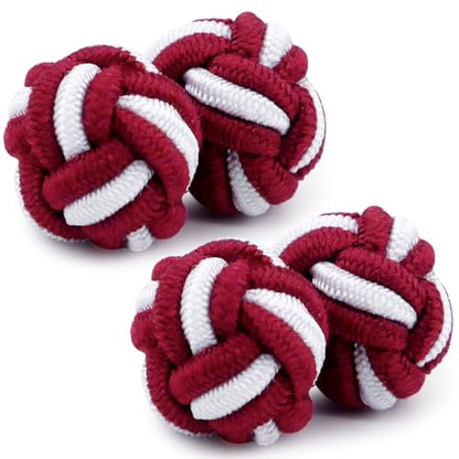 HONEY BEAR Round Silk Knot Elastic Fabric Cufflinks for Men Women 1 Pair | Wedding Business, Tarnish-Resistant, for Groomsmen, Father, Husband, Wife, Anniversary, and Formal Events - style: Dark Red with White
