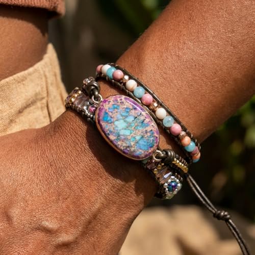 YGLINE Boho Handmade Natural Stone Wrap Bracelets Jasper Crystal Beads Bracelet Jewelry - color: jasper 1-3 wrap