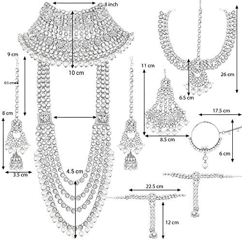Aheli Traditional Wedding Indian Bharatanatyam jewellery set Long Choker Necklace Earrings Maang Tikka Nath Paasa Hath Phool for Women - color: Rhodium White