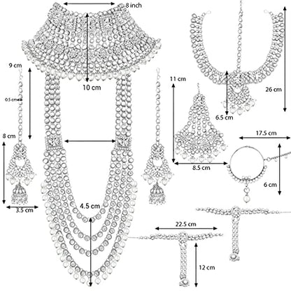 Aheli Traditional Wedding Indian Bharatanatyam jewellery set Long Choker Necklace Earrings Maang Tikka Nath Paasa Hath Phool for Women - color: Rhodium White