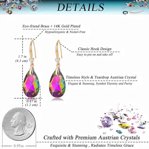 Austrian Crystal Teardrop Dangle Drop Earrings for Women 14K Gold Plated Hook Earring Hypoallergenic Jewelry Gifts for Women Girls - color: Vitrail Medium
