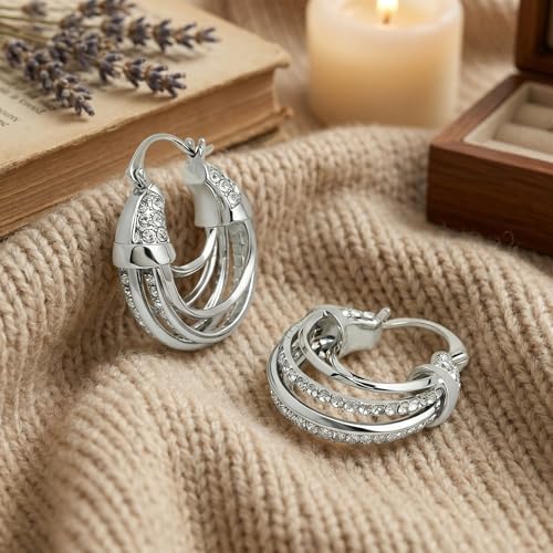 Sonateomber Gold Chunky Crystal Hoop Earrings for Women, Trendy Statement Sparkly CZ Rhinestone Thick Open Hoops Earings Hypoallergenic Wedding Prom Everyday Accessories Fashion Jewelry Gift - color: Silver Layered