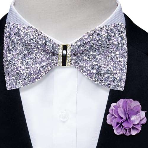 DiBanGu Mens Rhinestone Bow Tie with Ring and Lapel Pin Set | Adjustable Strap,Pre-tied Style,3PCS,Sequin Diamond Bowties，Solid/Mix Color,Shiny Accessory,for Party Prom Banquet Wedding - color: Light Purple