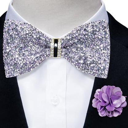 DiBanGu Mens Rhinestone Bow Tie with Ring and Lapel Pin Set | Adjustable Strap,Pre-tied Style,3PCS,Sequin Diamond Bowties，Solid/Mix Color,Shiny Accessory,for Party Prom Banquet Wedding - color: Light Purple