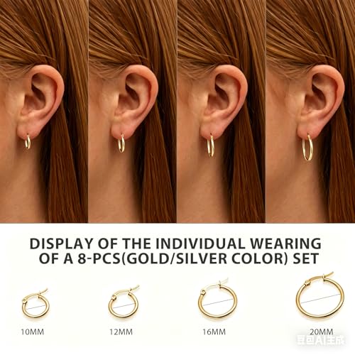 5 Pairs Silver Gold Small Hoop Earrings for Women Surgical Steel Huggie Set | 10 12 14 16 20 mm, Lightweight, Hypoallergenic, 14K Gold Plated 316L Stainless Steel Jewelry, Multiple Piercing - color: Silver+Gold/8 Pairs