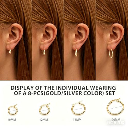 5 Pairs Silver Gold Small Hoop Earrings for Women Surgical Steel Huggie Set | 10 12 14 16 20 mm, Lightweight, Hypoallergenic, 14K Gold Plated 316L Stainless Steel Jewelry, Multiple Piercing - color: Silver+Gold/8 Pairs