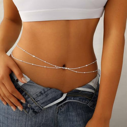14K Gold Plated Waist Chain for Women Dainty 2Pcs Layered Belly Chain Beaded Pearl Body Chain Belt Set Waterproof Summer Beach Bikini Jewelry Accessories Adjustable Waist Beads Gift - style: Double Bead-SL