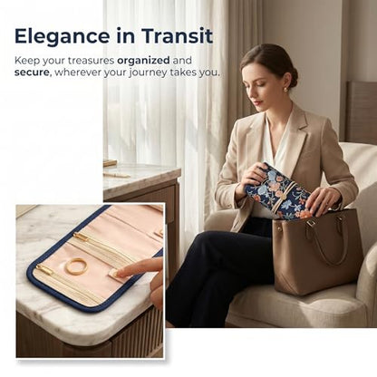 Embroidery Jewelry Roll Organizer Travel Jewelry Storage Roll Case Foldable Small Jewelry Pouch Jewelry Roll up Bag for Journey Rings, Necklaces, Earrings, Bracelets (Navy Blue) - color: Navy Blue