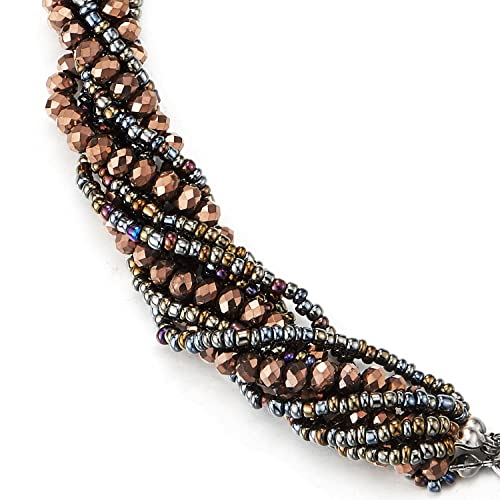 COOLSTEELANDBEYOND Multi-Layer Beads Crystal Braided Chain Choker Collar Magnetic Clasp,Statement Necklace, Bracelet - color: I-Necklace Brown 18K Gold-Plated Color