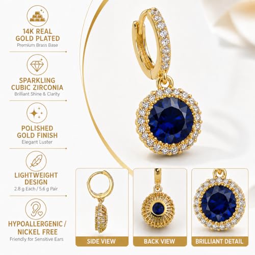 14K Gold Plated Hoop Dangle Earrings for Women, Hypoallergenic Colorful Cubic Zirconia Drop Earrings, Lightweight Huggie Earrings for Women - color: Gold/Sapphire Blue
