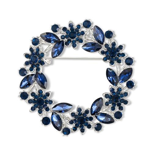 EVER FAITH Sparkly Rhinestone Crystal Flower Wreath Brooches Pin, Vintage Garland Brooch for Women - color: Blue Silver-Tone