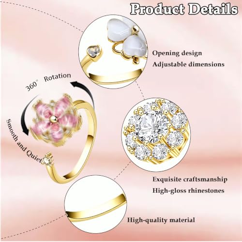 6Pcs Fidget Anxiety Rings for Women, Gold Adjustable Open Spinner Rings for Anxiety, Stress Relief Rotating Rings with Butterfly Sun Star Flower Four-Leaf Clover Designs, Fidget Jewelry for Women - color: Gold