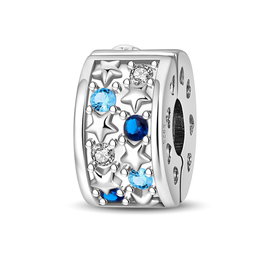 925 Sterling Silver Openable Clip Spacer Bead Fits Pandora Bracelet | Hypoallergenic Clip Stopper Charm, Star Clover Butterfly Floral Mom Heart Paved Zircon Gift for DIY Charm Bracelet Jewelry - color: Blue Zircon Star