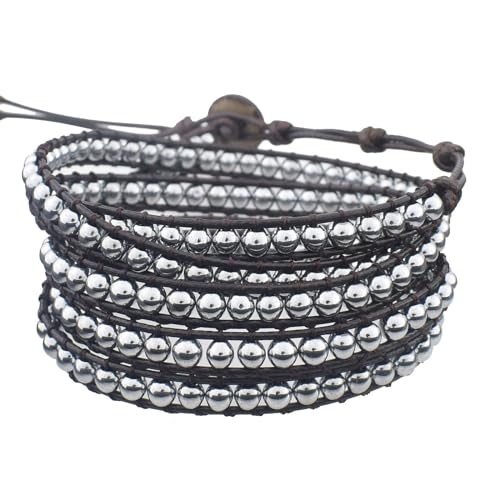 Genuine Stone Wrap Bracelets for Women Natural Crystal Beaded Wrap Bracelet 2/3/5 Adjustable Bohemian Bracelets Jewelry Gifts for Women Mom - color: hematite(5 wraps)