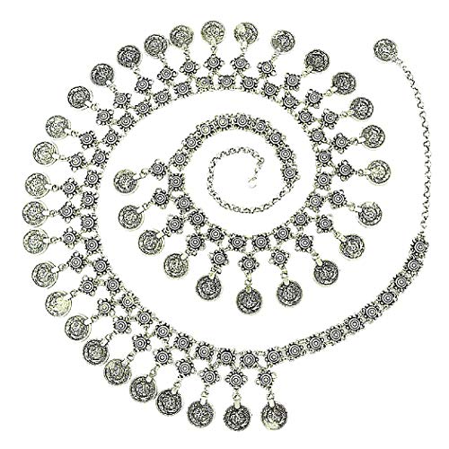 TianBo Vintage Antique Silver Color Coin Tassels Pendant Belly Dance Body Chain Waist Chains Turkish Gypsy Carving Beach Belt Body Jewelry for Women Size 35-41in Adjustable