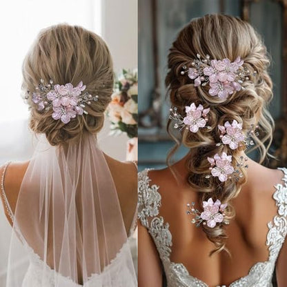 5 PCS Large Flower Bridal Wedding Hair Pins Crystal Pearl Hair Clips Headpiece Bride Hair Accessories Jewelry with Rhinestone, Glitter Emboss Pink Flower - color: Glitter Emboss Pink Flower