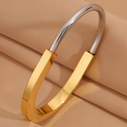 Two Tone Gold Bracelet for Women Lock Inspired Design, Stainless Steel Open Cuff Bangle, Minimalist Gift Jewelry