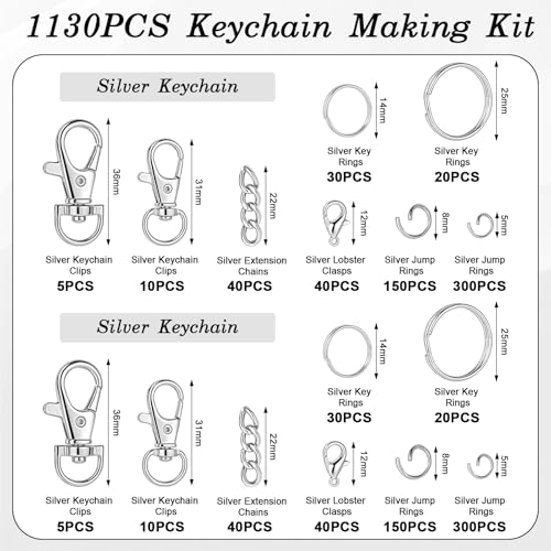 BESARME 1130PCS Keychain Making Kit Jump Rings for Jewelry DIY Key Chain Supplies with Keyrings Bulk, Metal Lobster Claw Clasp, Swivel Snap Hook, Extender Chain for Crafts Accessories（Silver） - color: Silver