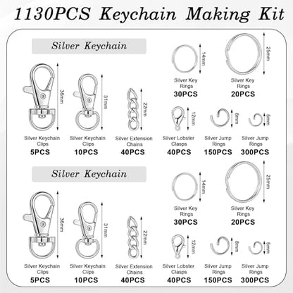 BESARME 1130PCS Keychain Making Kit Jump Rings for Jewelry DIY Key Chain Supplies with Keyrings Bulk, Metal Lobster Claw Clasp, Swivel Snap Hook, Extender Chain for Crafts Accessories（Silver） - color: Silver