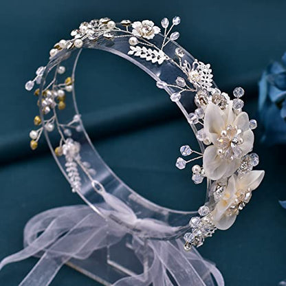 Bride Wedding Headband, Bridal Headpiece, Crystal Pearl Hair Tiara, Rhinestone Bridesmaids Hair Jewelry for Women Party | Ribbon-Tie Design, Faux Pearl Accents And Layered Flowers For Brides And Bridesmaids
