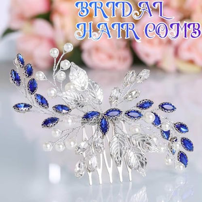 Unsutuo Navy Blue Rhinestone Hair Comb Saffire Crystal Hair Pieces Pearl Wedding Hair Accessories for Women and Girls