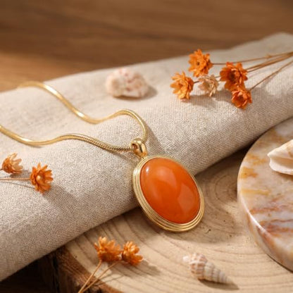 Sonateomber Gold Stone Pendant Necklace for Women, Chunky Statement Dainty Heart Oval Natural Gemstone Dangle Necklaces Wedding Prom Accessories Fashion Jewelry Gift - color: Orange