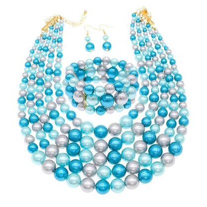 Faux Big Pearl Srand Necklaces for Women 5 Layers Pearls Choker Bib Collar Necklace Bracelet and Earrings set 1920s Costume Pearl Jewelry Bridal Wedding - color: colorful blue