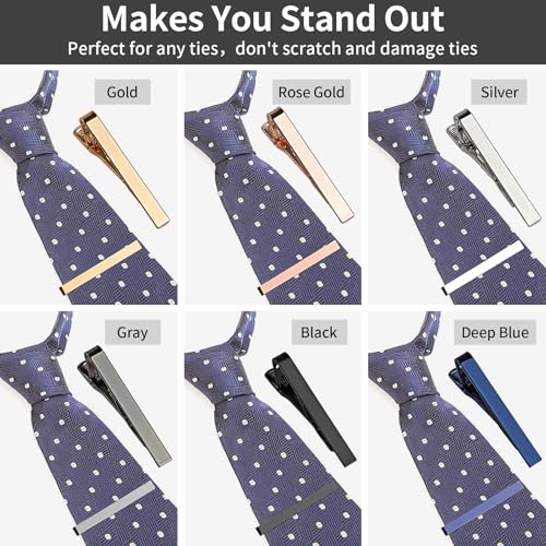 MOWPOG 6 Pcs Tie Clips for Men, Tie Bar Pins Tacks with Gift Box | Copper, Shiny & Glossy, for Father, Husband, Boyfriend, Business, Wedding, Suit Accessories, Easy to Open, Won't Fade/Scratch - color: silver/black/gray/rose gold/gold/deep blue