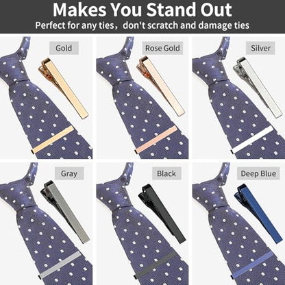 MOWPOG 6 Pcs Tie Clips for Men, Tie Bar Pins Tacks with Gift Box | Copper, Shiny & Glossy, for Father, Husband, Boyfriend, Business, Wedding, Suit Accessories, Easy to Open, Won't Fade/Scratch - color: silver/black/gray/rose gold/gold/deep blue