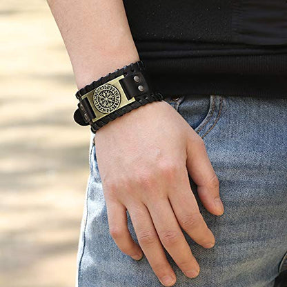GelConnie Viking Bracelet Punk Leather Cuff Bracelet Gothic Leather Wristband Bracelet with Nordic Amulet Scandinavian Talisman Celtic Pagan Jewelry - color: Black Compass