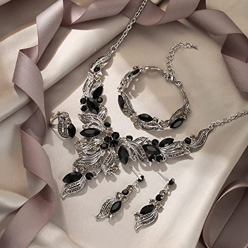 EVER FAITH Bridal Wedding Marquise Crystal Leaf Cluster Statement Y-Shaped Necklace Earrings Bracelet Ring Set for Prom - color: Black Silver-Tone
