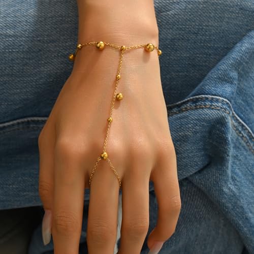 Dainty 18K Gold Plated Tiny Bracelets with Finger Ring for Women | Waterproof Hypoallergenic Adjustable Hand Harness Chain Jewelry - color: Multi Bead -GD