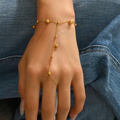 Dainty 18K Gold Plated Tiny Bracelets with Finger Ring for Women | Waterproof Hypoallergenic Adjustable Hand Harness Chain Jewelry - color: Multi Bead -GD