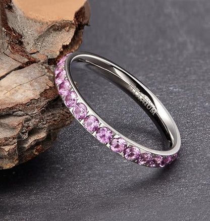 TIGRADE 3mm Women Titanium Engagement Ring Cubic Zirconia Eternity Wedding Band Size 3-13.5 - color: Purple-Pink