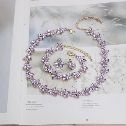 Bridal Wedding Crystal Leaf Choker Necklace Dangle Earring Bracelet Brides Bridesmaid Jewelry Set for Women - color: Violet-Gold Plated