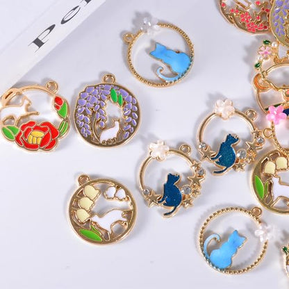 Bulk Gold Enamel Charms for Jewelry Making, Colorful Metal Charms Pendant for Bracelet Necklace and Crafting - color: Cat on Wreath2 White